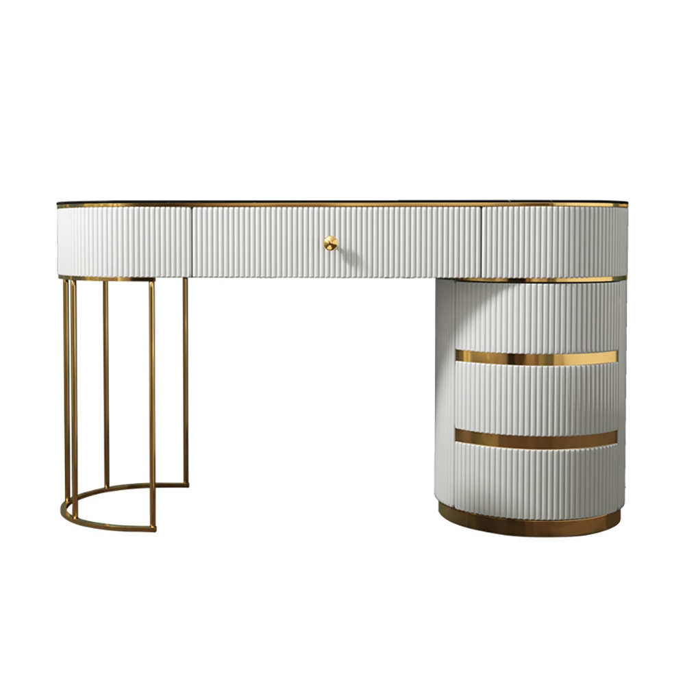 Modern White Makeup Vanity Sintered Stone Top 4 Drawers Cabinet Included Gold Finish window image