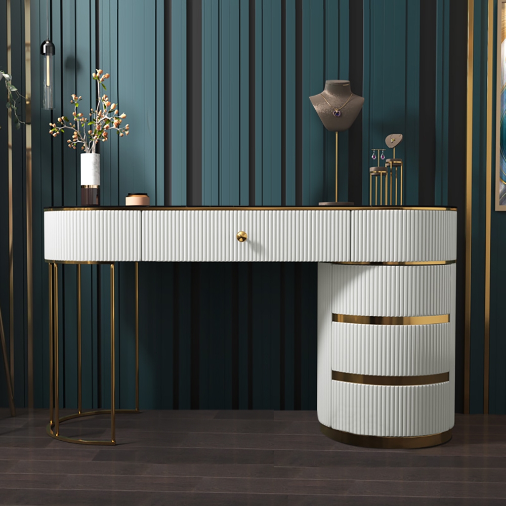 Modern White Makeup Vanity Sintered Stone Top 4 Drawers Cabinet Included Gold Finish window image
