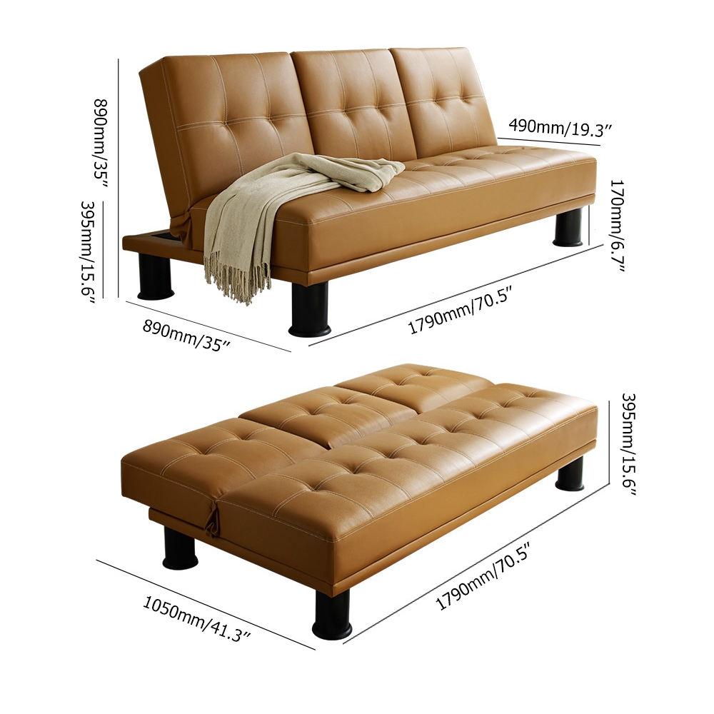 70.5" Full Sleeper Brown Sofa Leather Upholstered Convertible Sofa window image