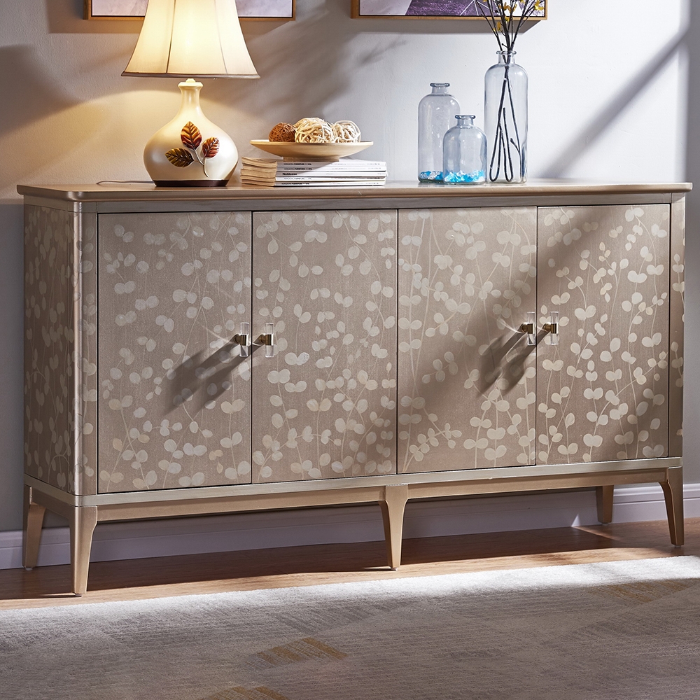 66" Champagne Sideboard 4-Door 4-Shelf Buffet Acrylic Pulls Gold Finsh window image