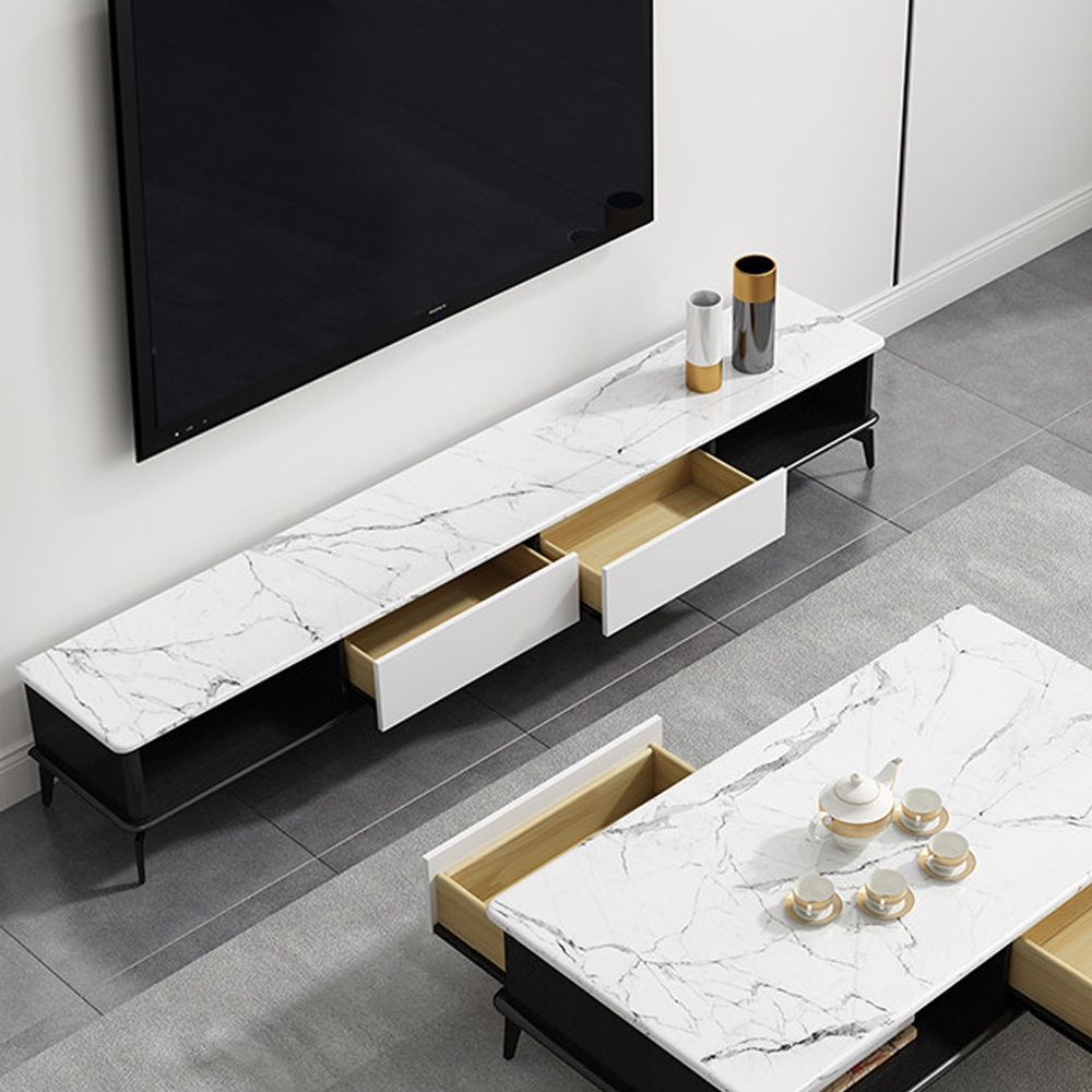 Nordic White&Black TV Stand Faux Marble Top Media Console with 2 Drawers in Small window image