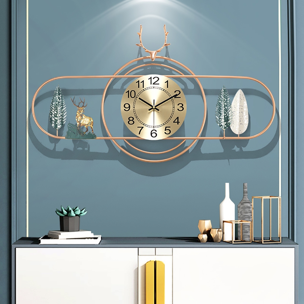 Small Deer Head Leaves Arabic Digital Wall Clock with Geometric Round and Oval Frames window image