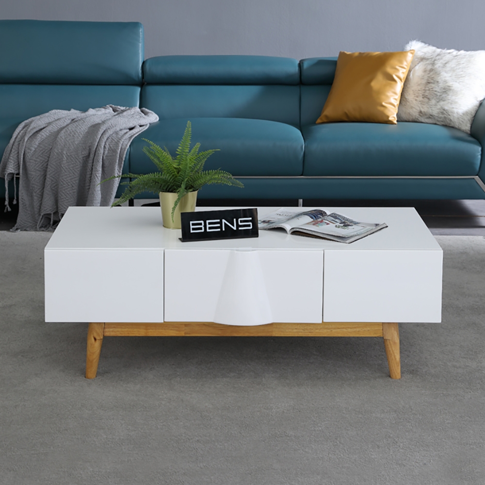 White Coffee Table with Drawers in Rectangle-shaped window image