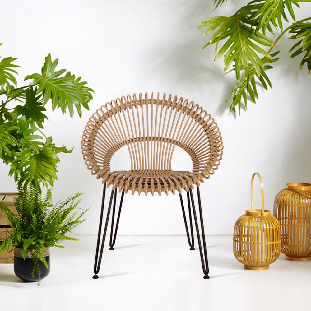 Brown Woven Rattan Patio Barrel Chair Outdoor Dining Chair window image