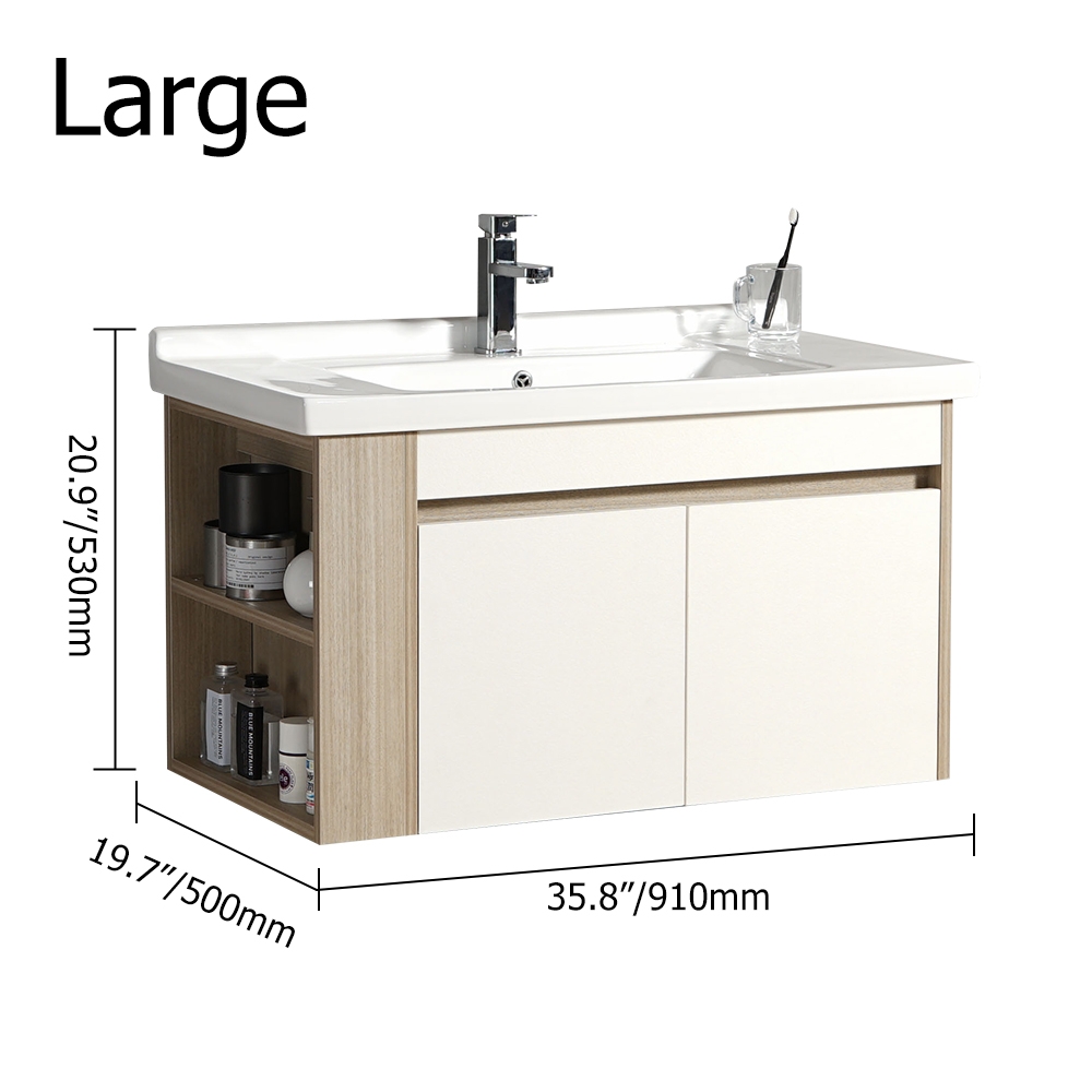 35.8" Bathroom Vanity Single Ceramic Sink Floating Cabinet with Doors & Open Shelf window image