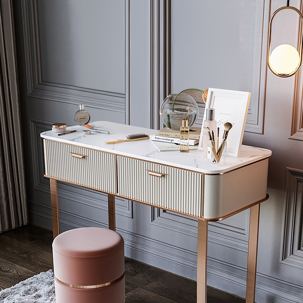 Postmodern Makeup Vanity Sintered Stone Top 2-Drawer with Champagne Gold Legs in Large window image