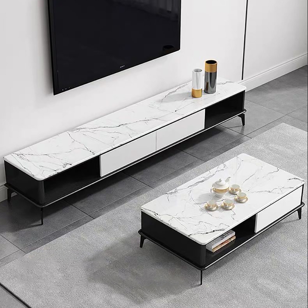 Nordic White&Black TV Stand Faux Marble Top Media Console with 2 Drawers in Small window image