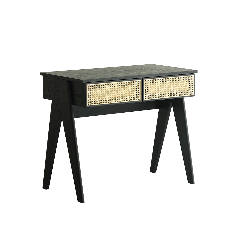 Modern Home Office Desk in Black with Drawers in Pine Wood with Rattan window image