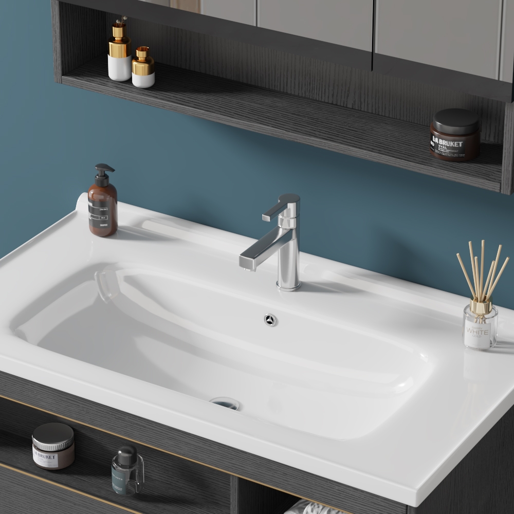 31" Bathroom Vanity Ceramic Floating Bathroom Cabinet with 2 Drawers 1 Door in Small window image