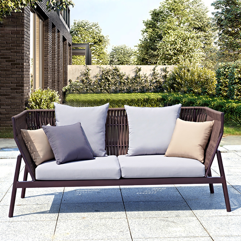 2-Seater Outdoor Sofa with Rattan Rope Woven Back Aluminum Frame window image