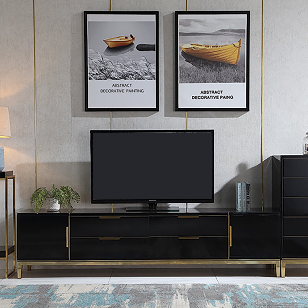 78" Black TV Stand  Modern Tempered Glass Top Drawers & Doors Media Console in Gold window image