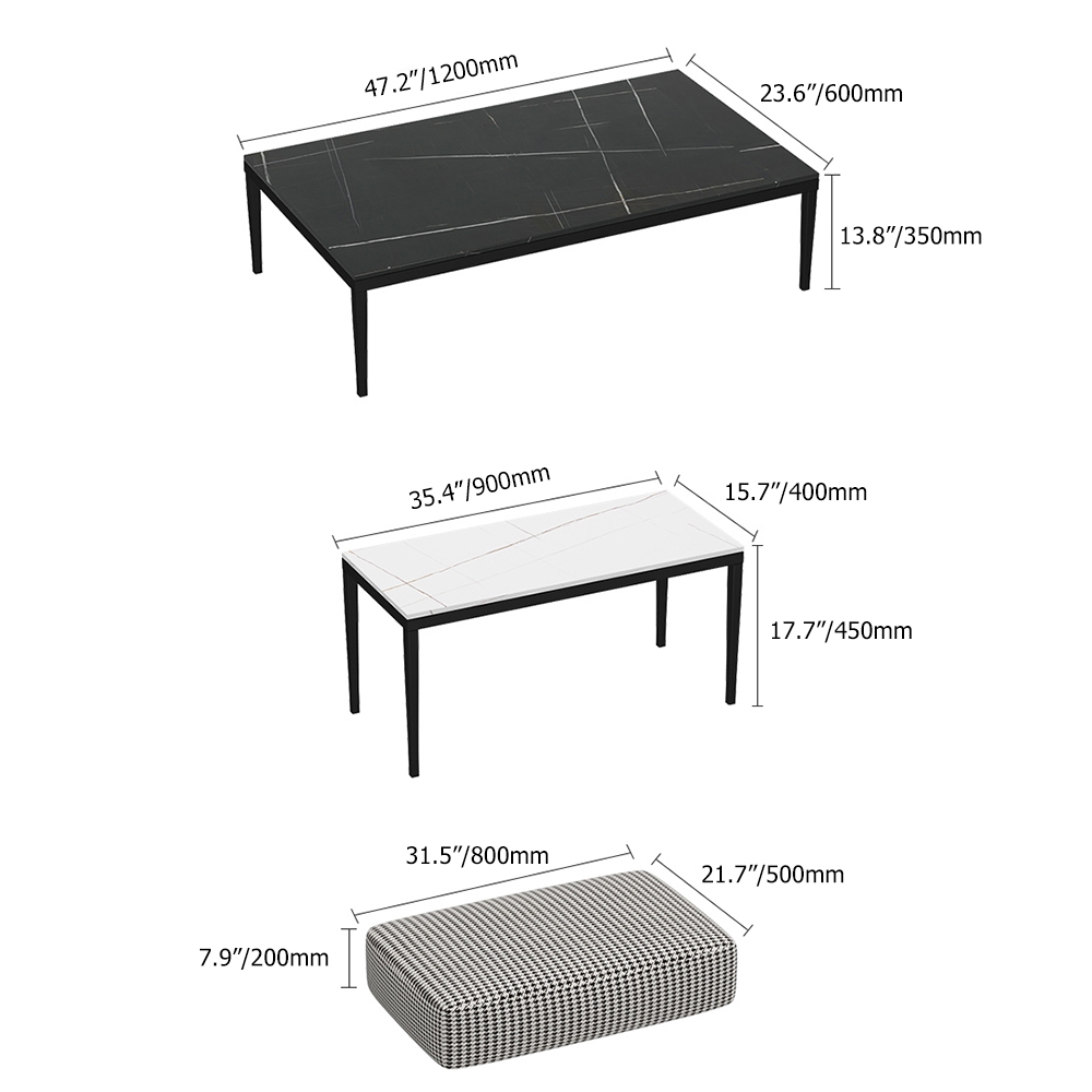 Modern Coffee Table Set with Ottoman & Sintered Stone Top & Metal Legs in 3 Pieces window image
