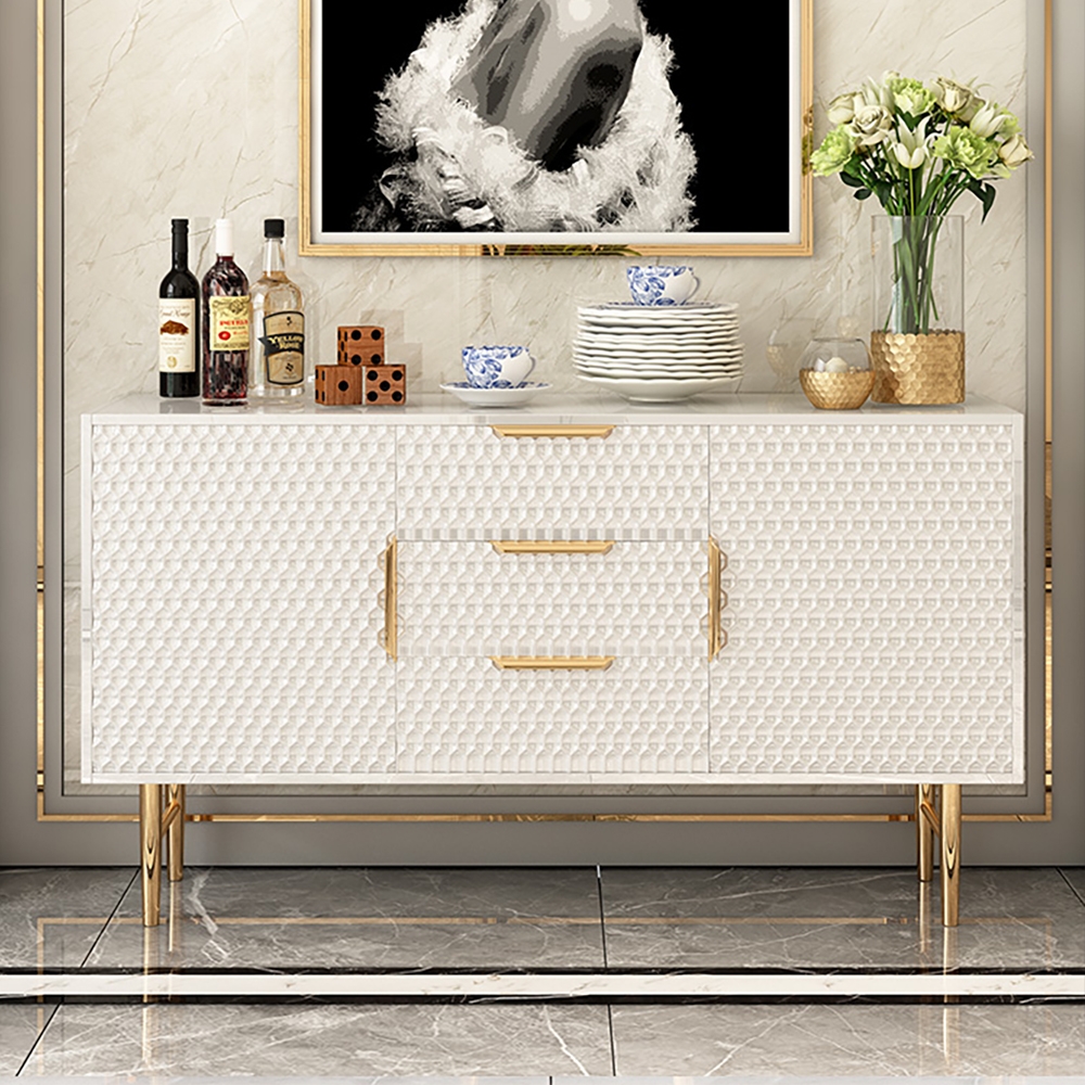 1500mm White Sideboard Tempered Glass Top Honeycomb Surface Buffet with Storage in Large window image