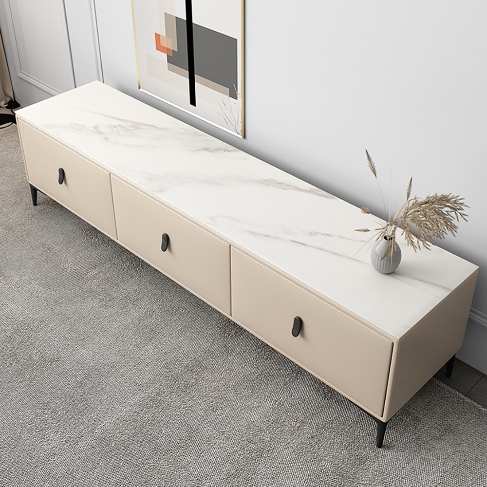 71" Beige TV Stand Sintered Stone 3-Drawer Microfiber Leather Upholstery Media Console window image