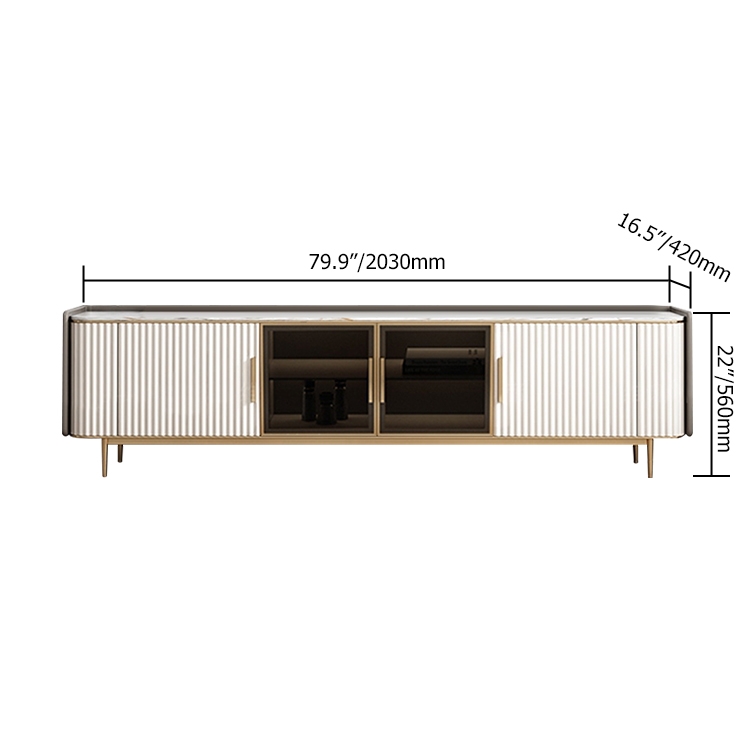 79" White TV Stand Sintered Stone Top Tempered Glass Doors Media Console with Shelves window image