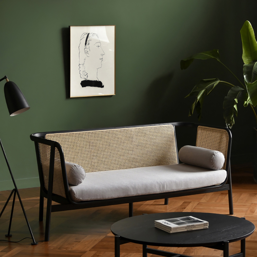 Rattan Sofa Upholstered Cotton&linen Sofa 3-Seater Sofa Ash Wood Frame window image
