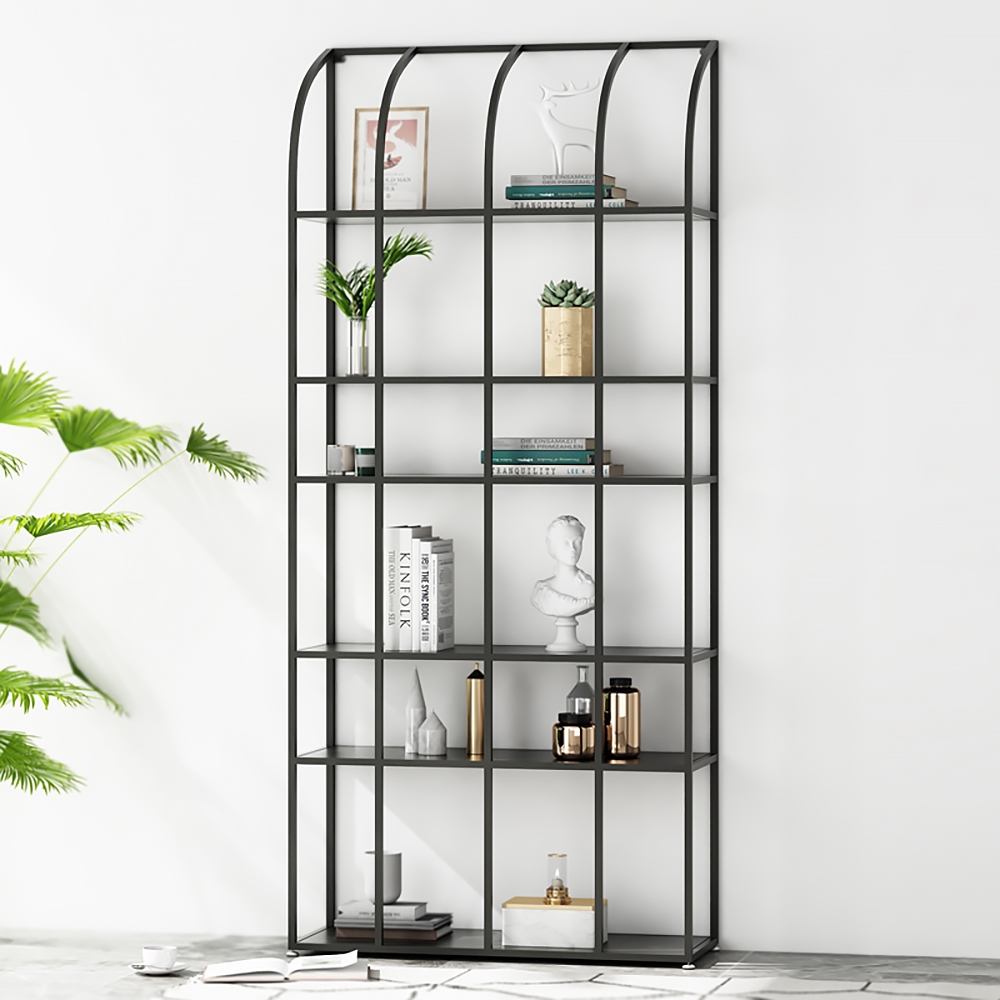 Black Contemporary Metal Etagere Bookshelf with 6-Tiered Shelving window image