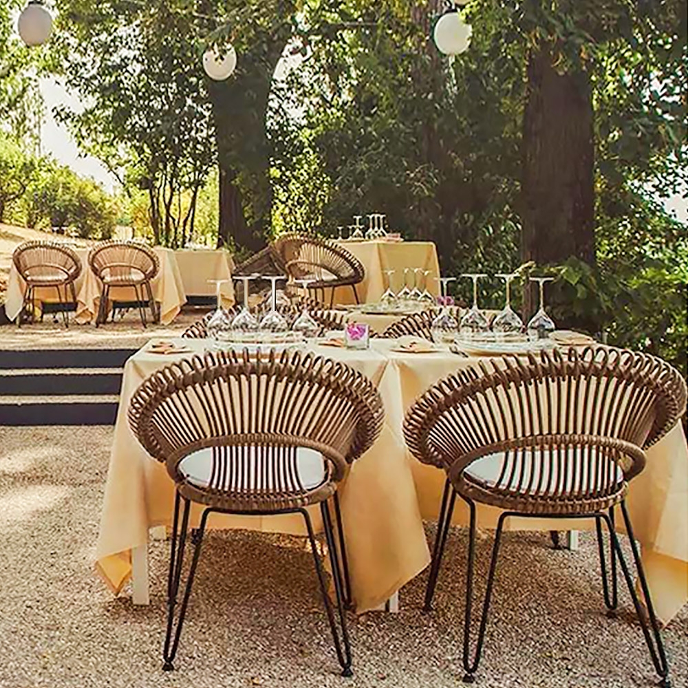 Brown Woven Rattan Patio Barrel Chair Outdoor Dining Chair window image