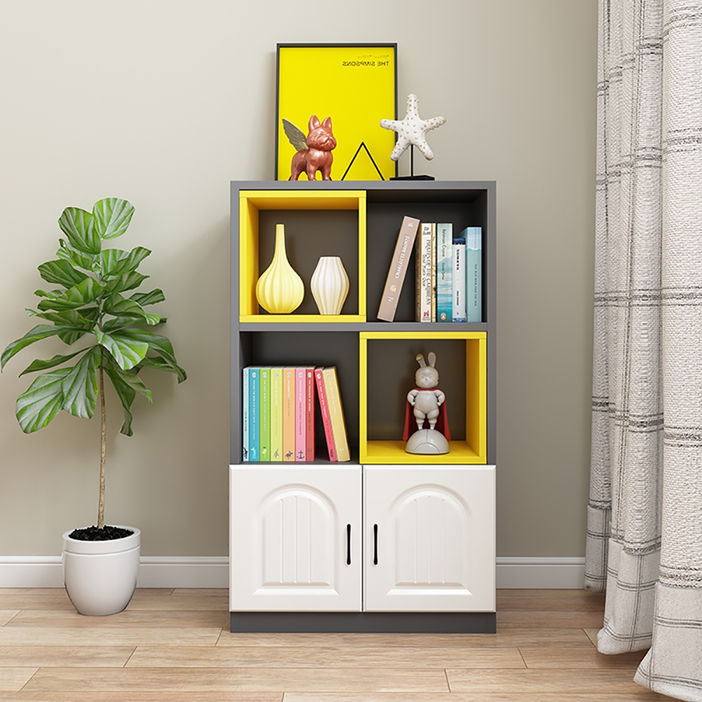 53.5" Gray & Yellow Geometric Bookshelf with Door window image