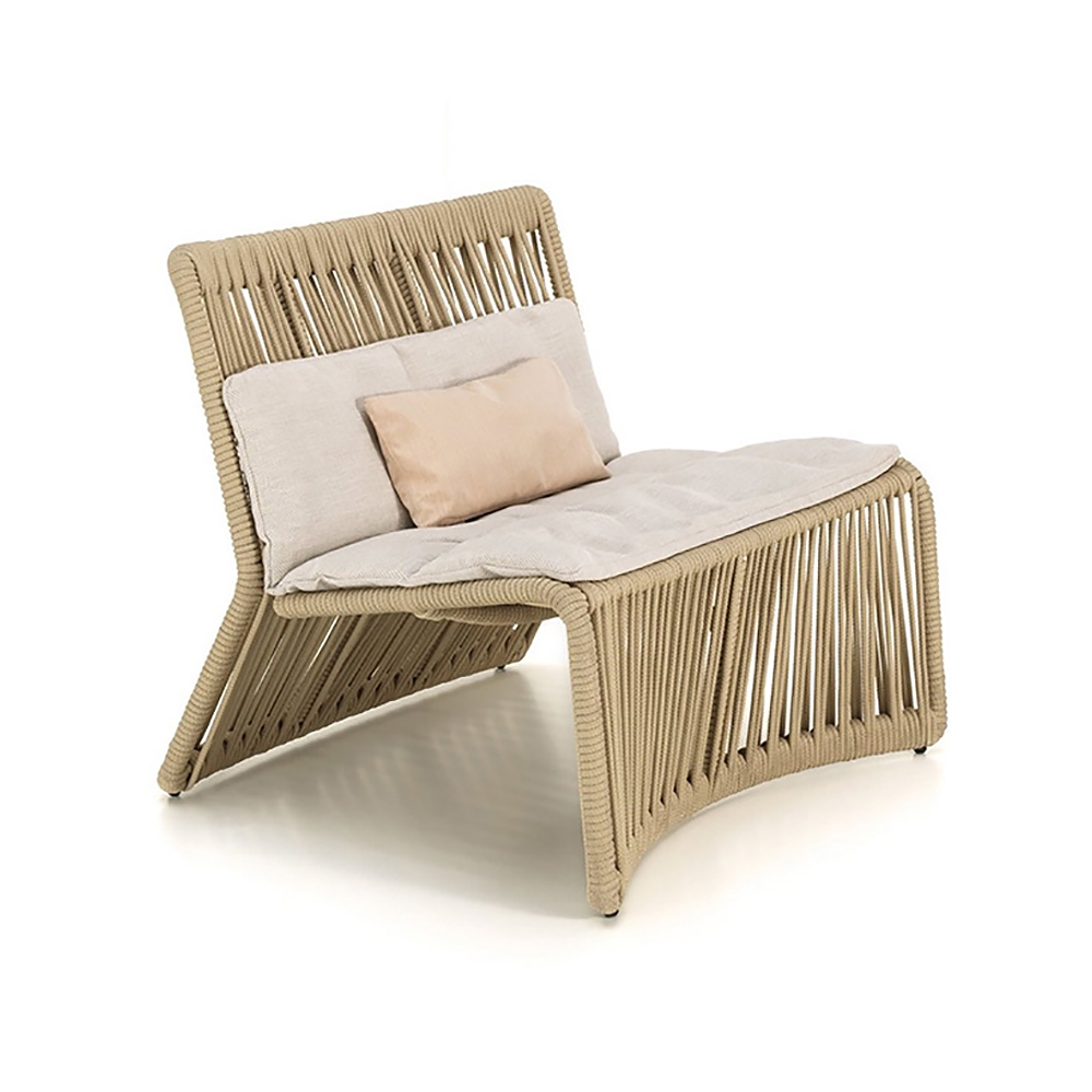 Emilio Rattan Outdoor Accent Chair with Cushion Pillow Wood Color in Arched Bottom window image
