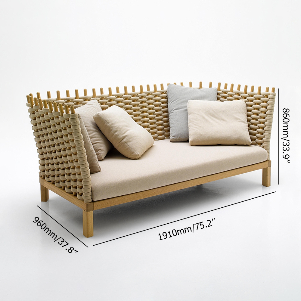 Woven Rattan Sofa with Khaki Cushion Pillow Loveseat in Teak Wood Bottom window image