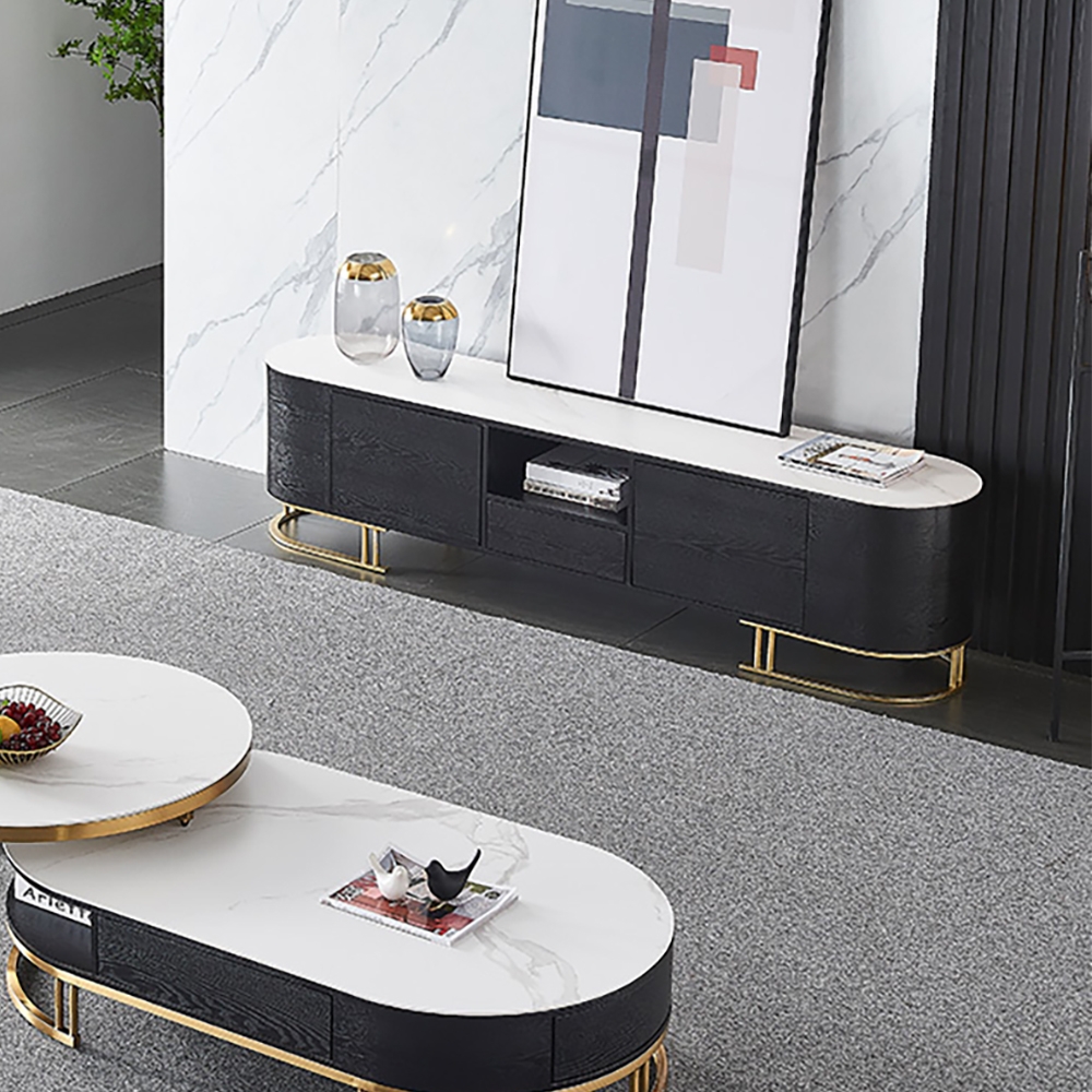Oval TV Stand Sintered Stone Top Minimalist Media Console with Storage for TVs up to 85" window image