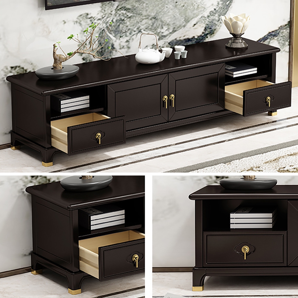 Vinatge Coffee TV Stand Chinese Style 2-Door & 2-Drawer Media Console in Gold window image