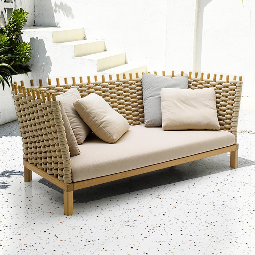 Woven Rattan Sofa with Khaki Cushion Pillow Loveseat in Teak Wood Bottom window image