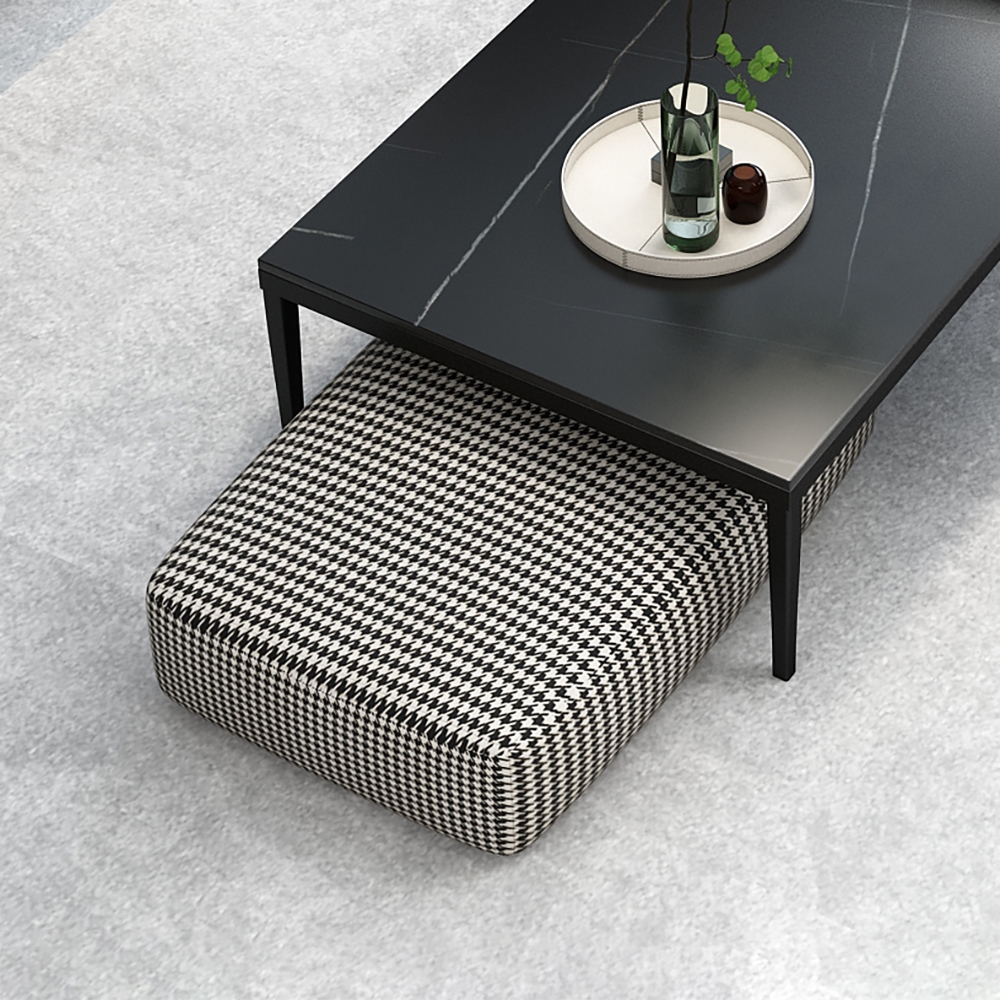 Modern Coffee Table Set with Ottoman & Sintered Stone Top & Metal Legs in 3 Pieces window image