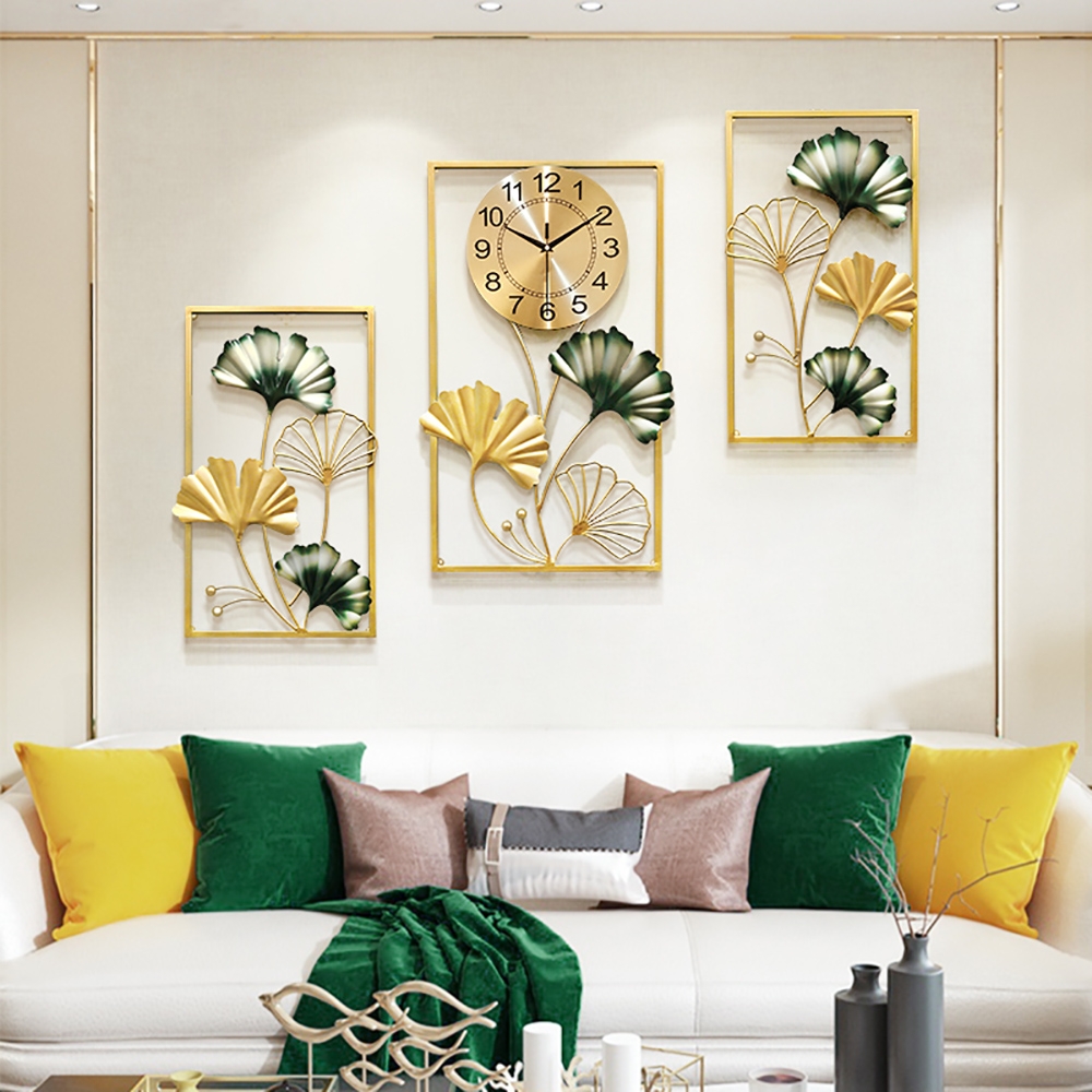 3-delige Ginkgo Leaves oversized metalen wandklok met geometrische rechthoekige frames Vensterafbeelding