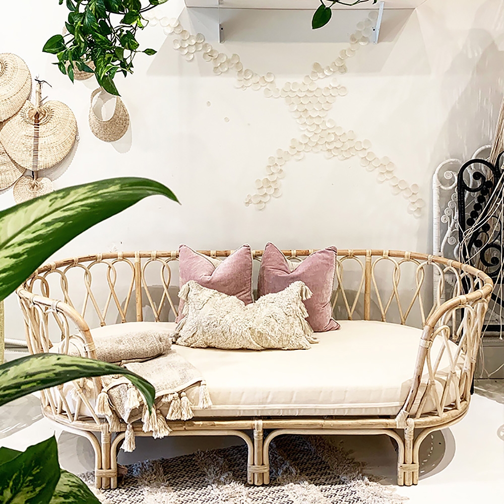 Natural Sofa Cotton & Linen Upholstered Sofa Rattan Frame in Large window image