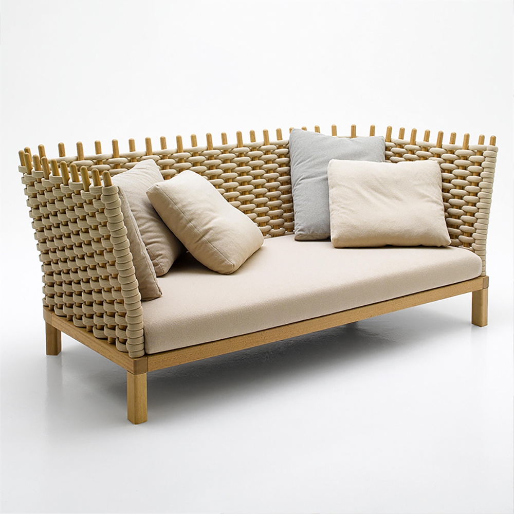 Woven Rattan Sofa with Khaki Cushion Pillow Loveseat in Teak Wood Bottom window image