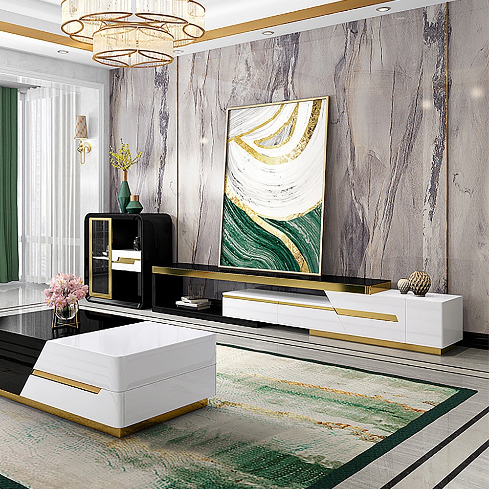 Black & White TV Stand Extendable Tempered Glass Top Media Console with Storage window image