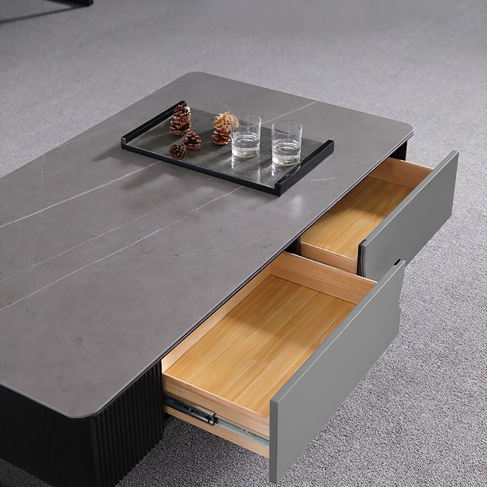 Modern Coffee Table with Drawers in Gray Sintered Stone Top & Carbon Steel Legs window image