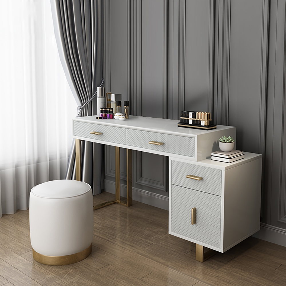 Postmodern White Makeup Vanity Expandable Dressing Table 4 Drawers Cabinet Included window image