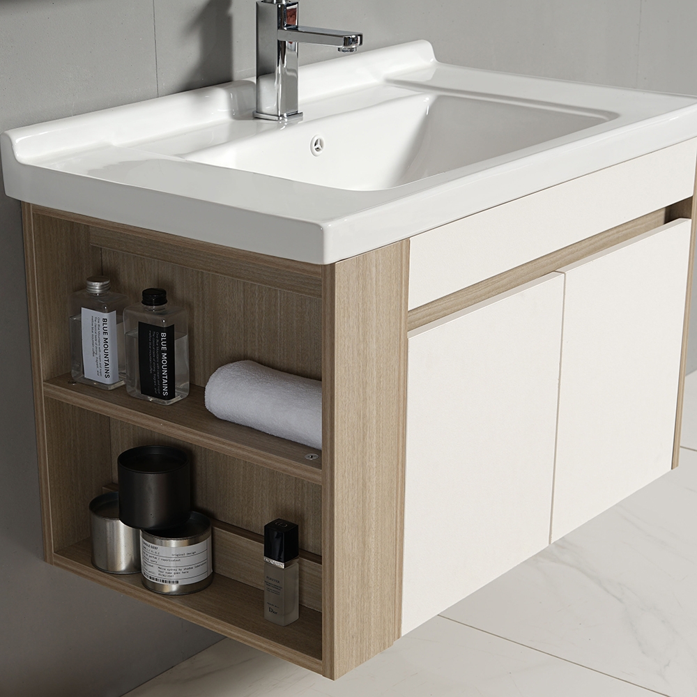 35.8" Bathroom Vanity Single Ceramic Sink Floating Cabinet with Doors & Open Shelf window image