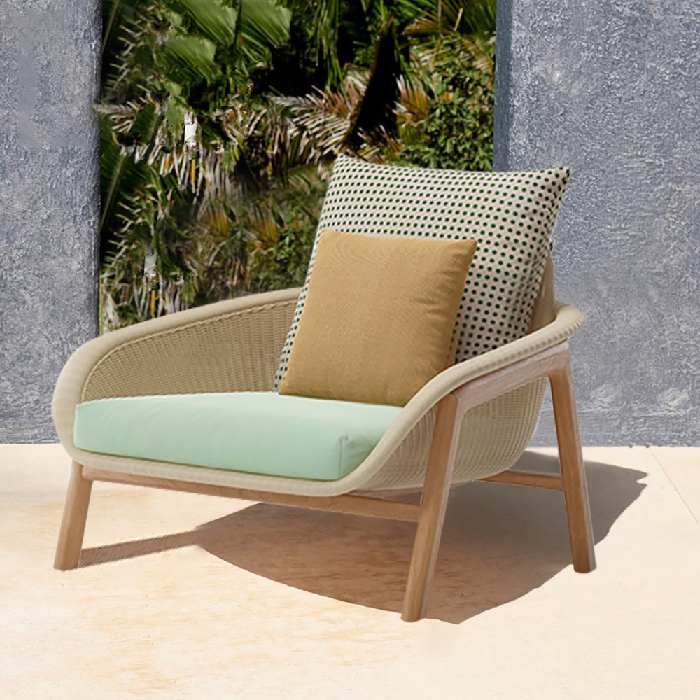 Patio Accent Chair with Polka Dots Pillow Cushion in Solid Wood Legs window image