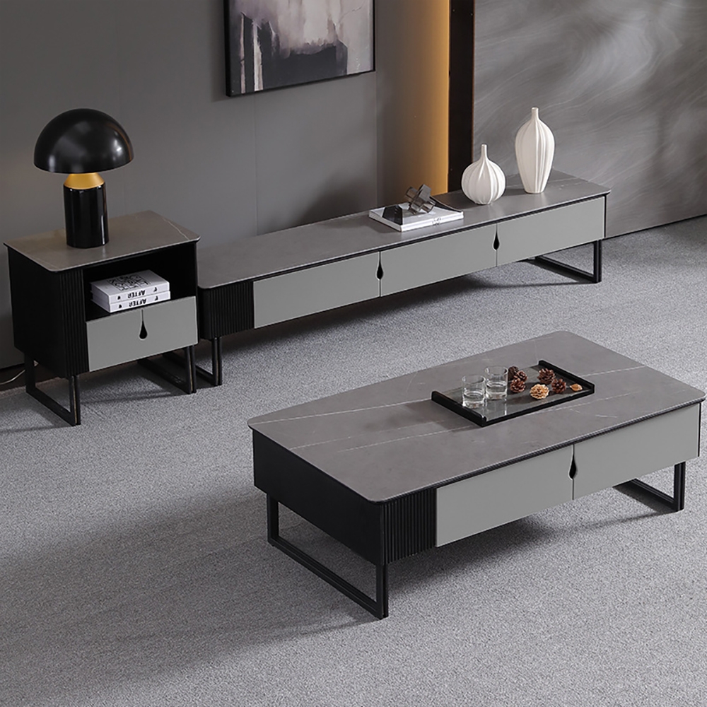 Modern Coffee Table with Drawers in Gray Sintered Stone Top & Carbon Steel Legs window image