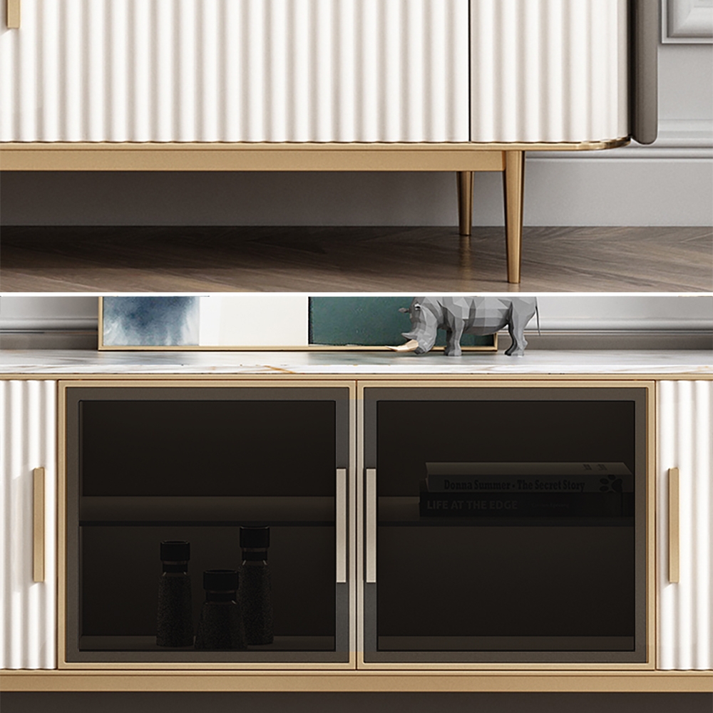 79" White TV Stand Sintered Stone Top Tempered Glass Doors Media Console with Shelves window image