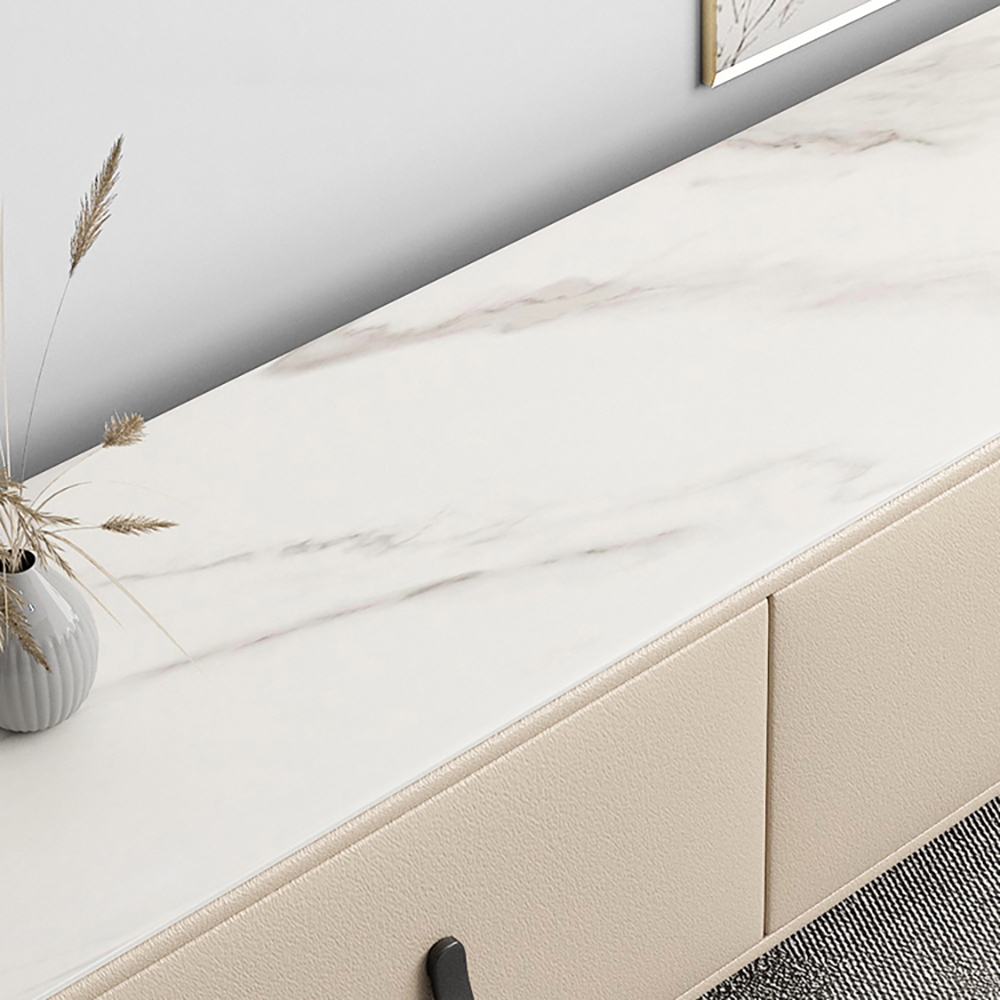 71" Beige TV Stand Sintered Stone 3-Drawer Microfiber Leather Upholstery Media Console window image