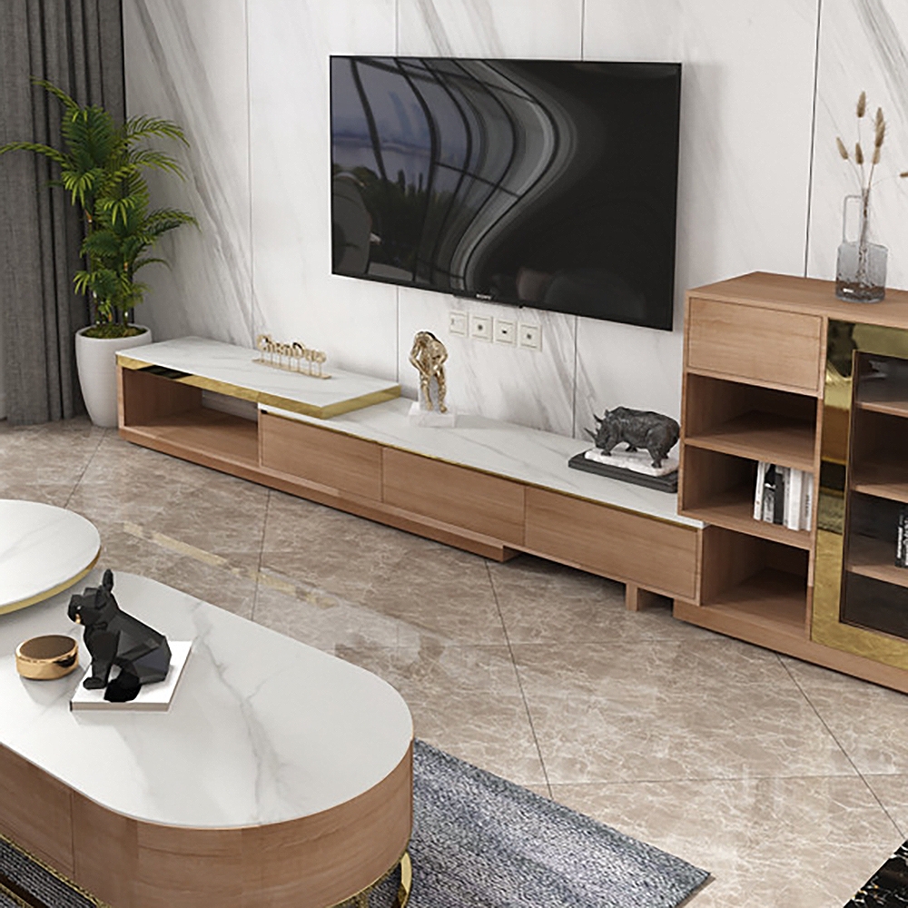 Nordic Walnut TV Stand Extendable Sintered Stone Top Entertainment Cabinet with Drawers window image