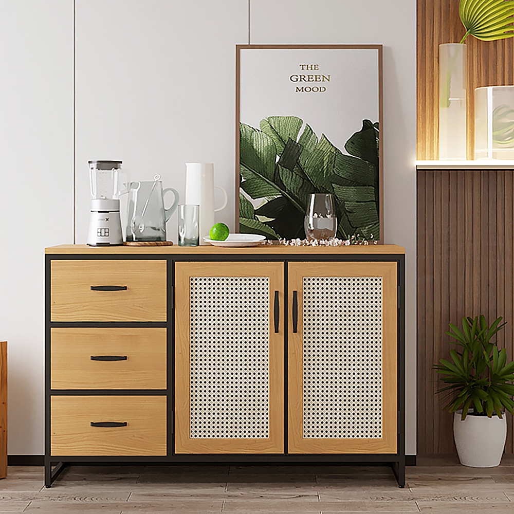 63" Natural Sideboard Nordic Rattan Woven Buffet with Drawers & Doors & Shelves window image