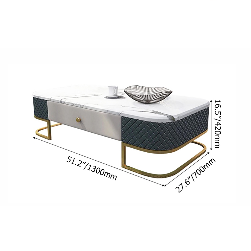 White Modern Marble Coffee Table with Drawers  PU Leather & Metal window image