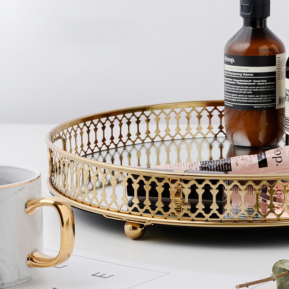 Gold Round Glass Mirror Serving Vanity Tray window image