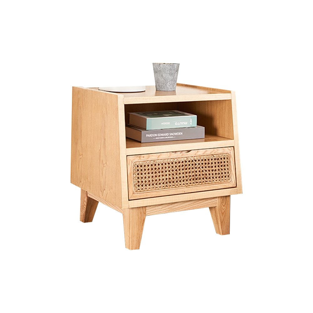 Table de chevet nordique naturelle en rotin et bois massif avec 1 tiroir image de fenêtre
