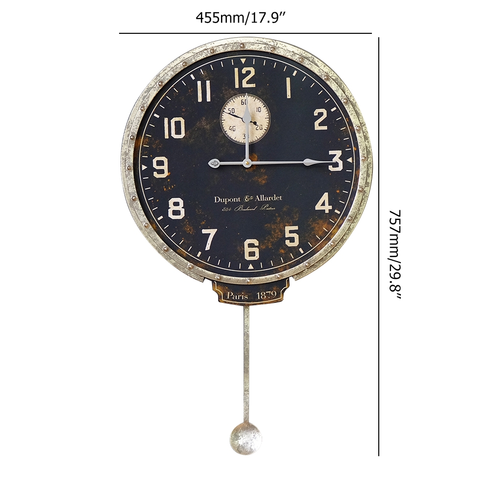 Retro-Industrial Style Unique Distressed Metal Circular Wall Clock with Pendulum window image