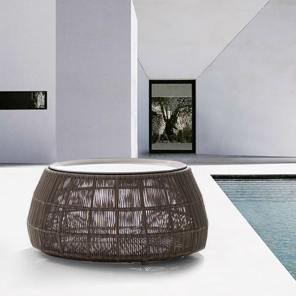 31.5" Brown Outdoor Coffee Table Rattan Patio Round Table with Glass Tabletop window image