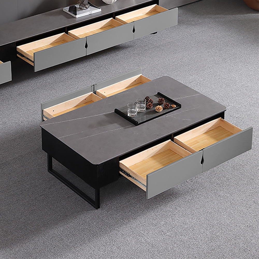 Modern Coffee Table with Drawers in Gray Sintered Stone Top & Carbon Steel Legs window image