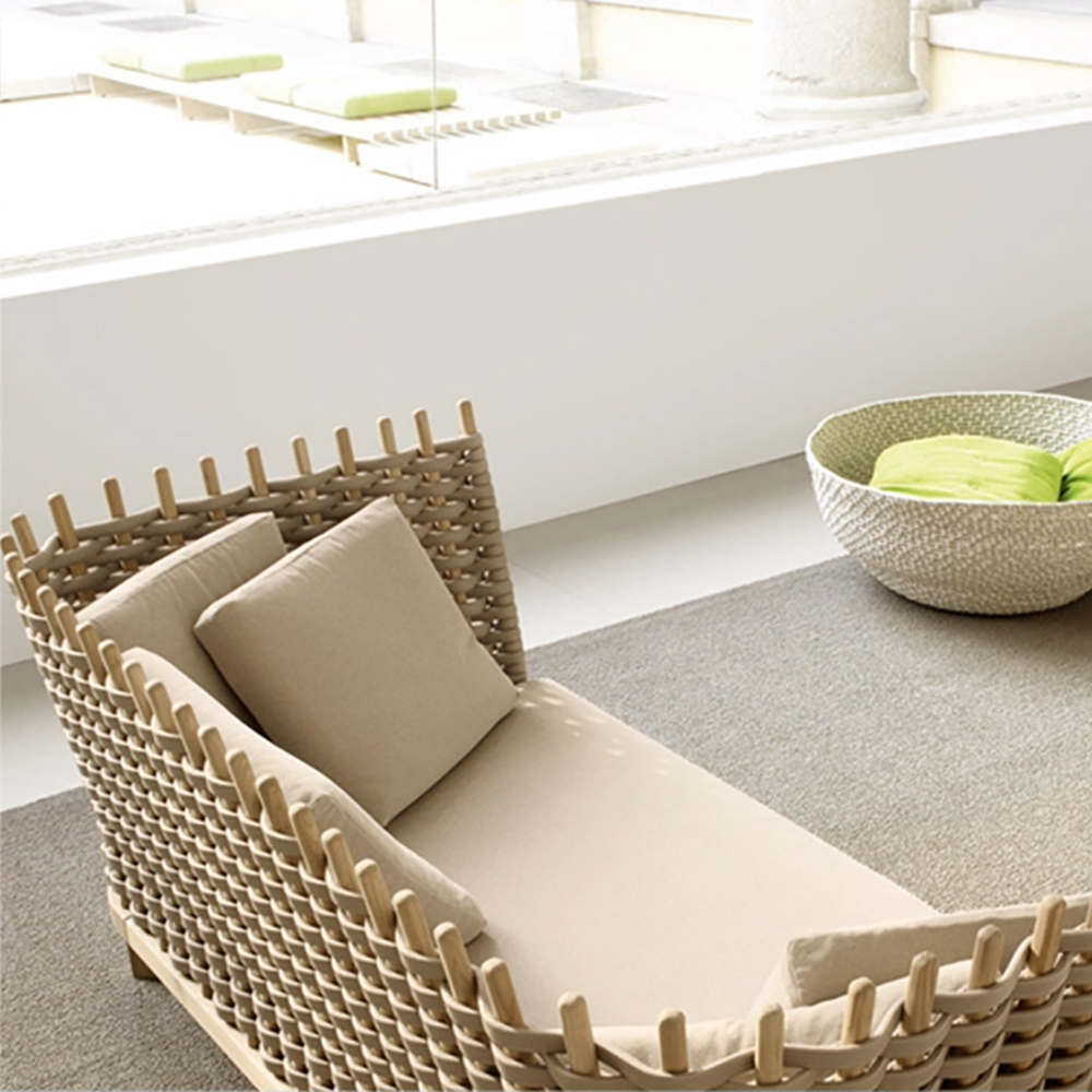 Woven Rattan Sofa with Khaki Cushion Pillow Loveseat in Teak Wood Bottom window image