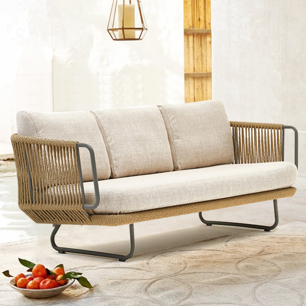 Noah Outdoor Patio 3-Seater Sofa with Pillow Square Arm Aluminum Frame window image